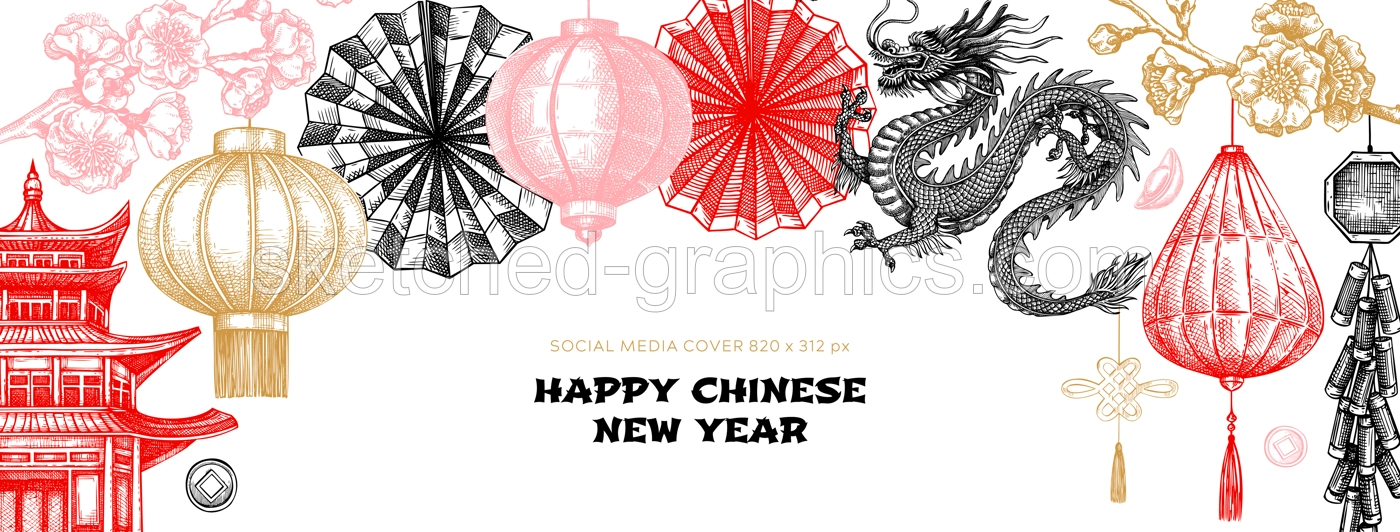 China style web banner template. Chinese New Year website design. Hand-drawn vector illustration. NOT AI generated Illustration